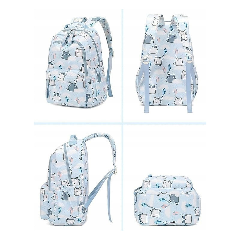 Zestaw szkolny 2w1: Błękitny plecak i torba typu shopper w kotki - zestaw dla młodzieży (D079)