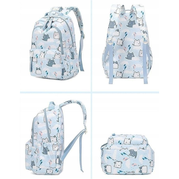 Zestaw szkolny 2w1: Błękitny plecak i torba typu shopper w kotki - zestaw dla młodzieży (D079)