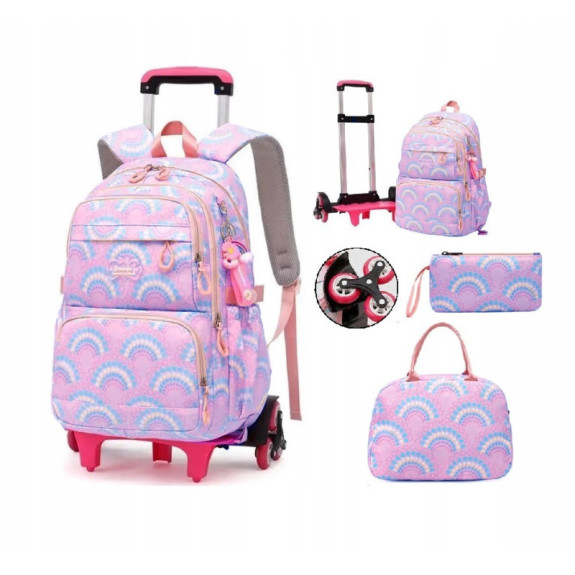 Plecak szkolny na kółkach z wysuwanym stelażem torebką piórnikiem i brelokiem (D077)
