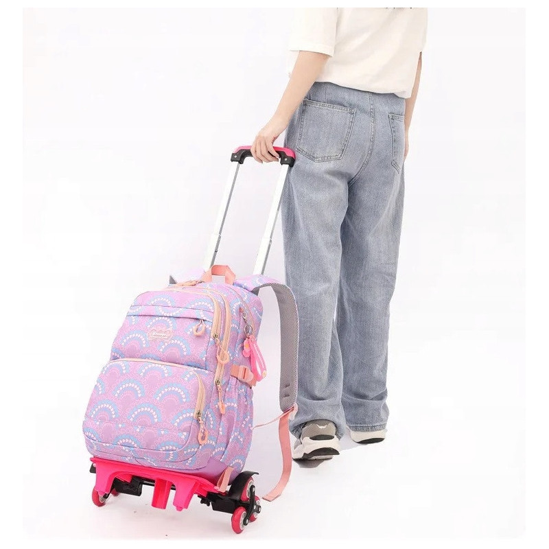 Plecak szkolny na kółkach z wysuwanym stelażem torebką piórnikiem i brelokiem (D077)