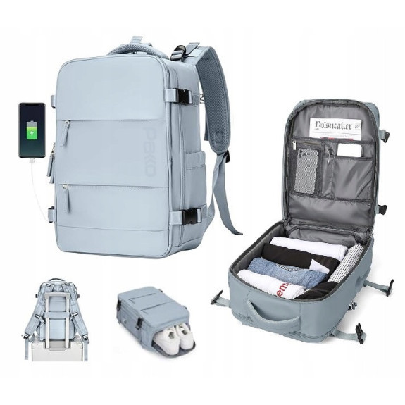 PAKKO Wielofunkcyjny plecak niebieski z portem USB wodoodporny bagaż podręczny 40x20x25 z kieszenią na buty i laptopa (T500)