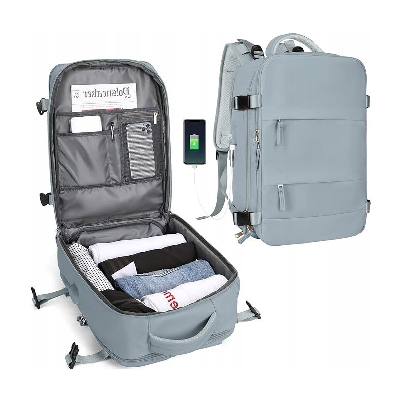 PAKKO Wielofunkcyjny plecak niebieski z portem USB wodoodporny bagaż podręczny 40x20x25 z kieszenią na buty i laptopa (T500)