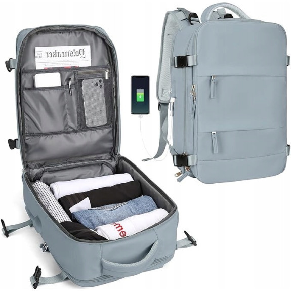 PAKKO Wielofunkcyjny plecak niebieski z portem USB wodoodporny bagaż podręczny 40x20x25 z kieszenią na buty i laptopa (T500)