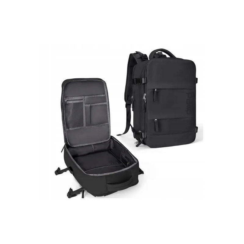 PAKKO Wielofunkcyjny plecak czarny z portem USB wodoodporny bagaż podręczny 40x20x25 z kieszenią na buty i laptopa (USB T500)