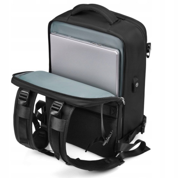 PAKKO Wielofunkcyjny plecak czarny z portem USB wodoodporny bagaż podręczny 40x20x25 z kieszenią na buty i laptopa (USB T500)