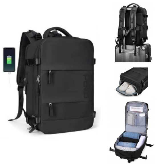PAKKO Wielofunkcyjny plecak czarny z portem USB wodoodporny bagaż podręczny 40x20x25 z kieszenią na buty i laptopa (USB T500)