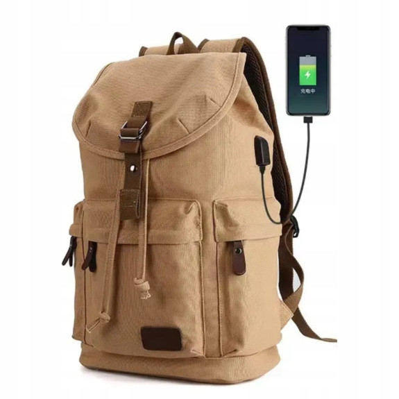 Plecak Miejski Retro Vintage Płócienny Damski Męski Kieszeń na laptopa USB (PT029)