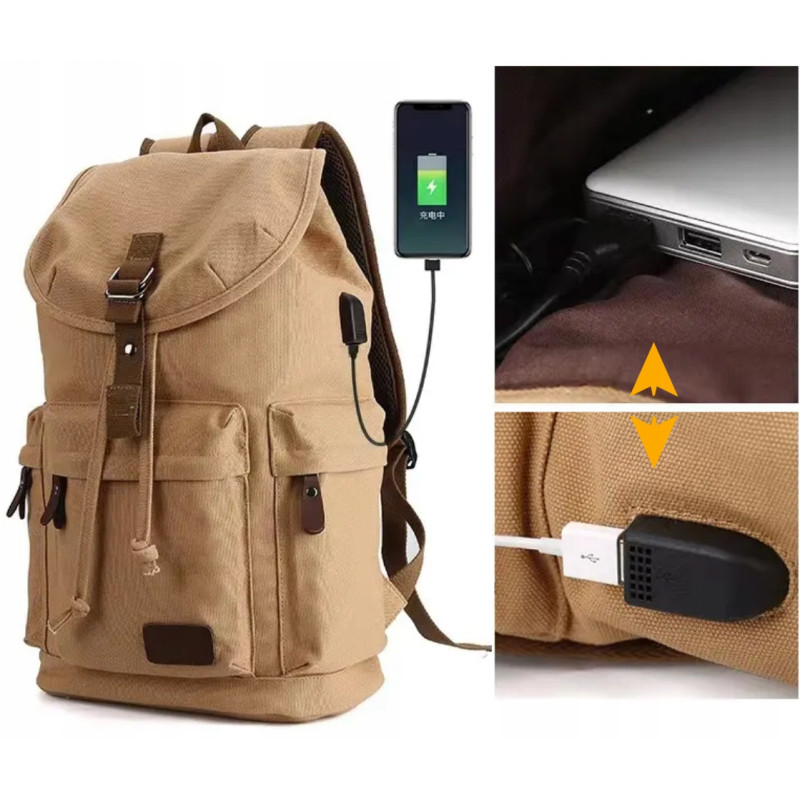 Plecak Miejski Retro Vintage Płócienny Damski Męski Kieszeń na laptopa USB (PT029)