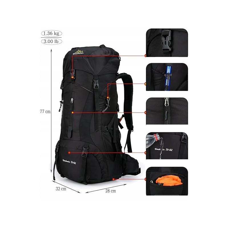 Sportowy kempingowy plecak turystyczny duży trekking 70l CZARNY (I008)