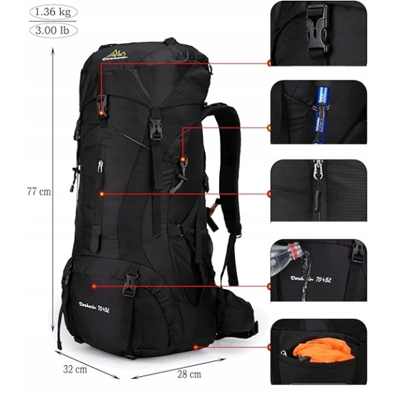Sportowy kempingowy plecak turystyczny duży trekking 70l CZARNY (I008)