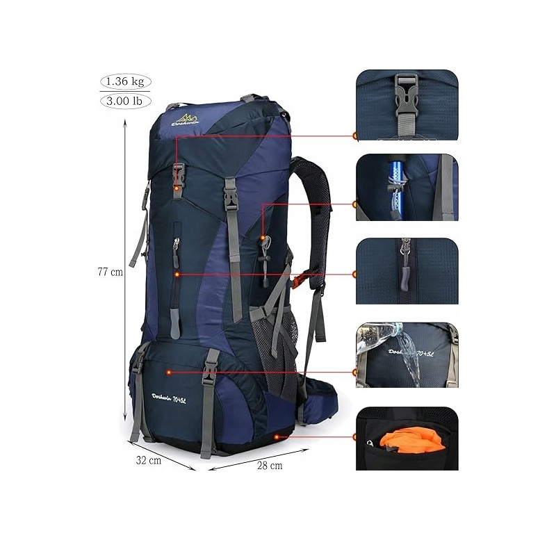 Sportowy kempingowy plecak turystyczny duży trekking 70l GRANATOWY (I008)