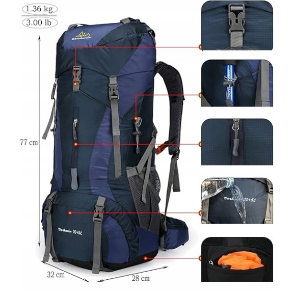 Sportowy kempingowy plecak turystyczny duży trekking 70l GRANATOWY (I008)