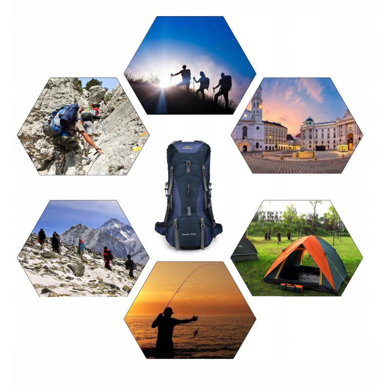 Sportowy kempingowy plecak turystyczny duży trekking 70l GRANATOWY (I008)