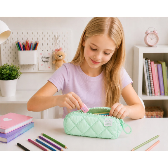 Piórnik Puffy Pikowany Miętowy Matowy Pojemny Szkolny Młodzieżowy Etui