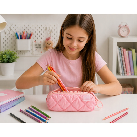 Piórnik Puffy Pikowany Różowy Matowy Pojemny Szkolny Młodzieżowy Etui
