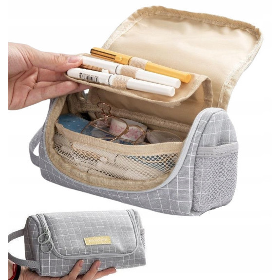 Klasyczny Szary Piórnik Szkolny w Kratę