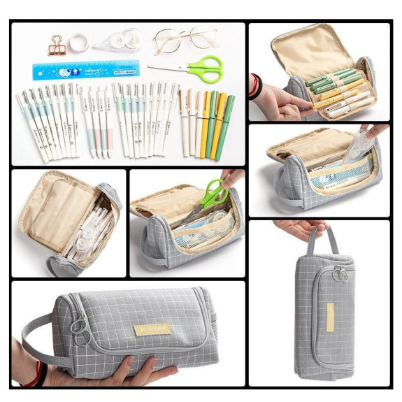 Klasyczny Szary Piórnik Szkolny w Kratę