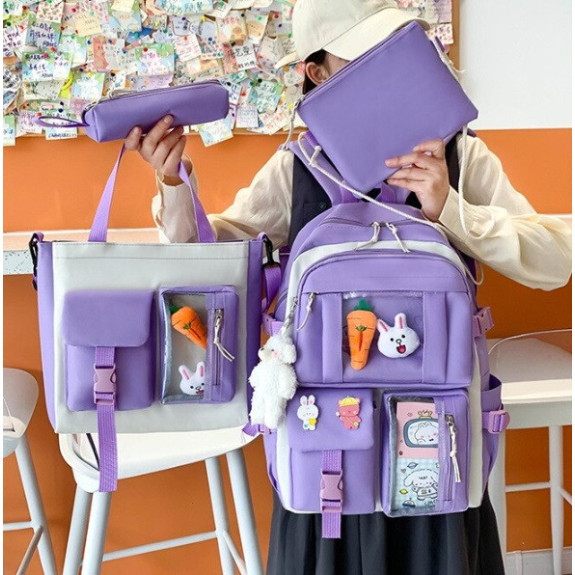 Fioletowo-Beżowy Plecak Szkolny Zestaw 4w1 - Plecakownia.pl🎒